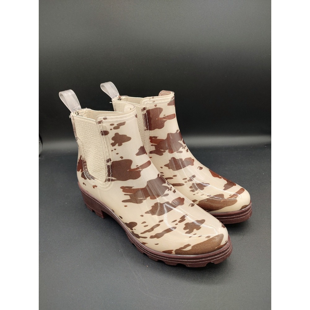 London Fog Womens Cow Print Rain Boots Brown Cream Chelsea Ankle Lug Sole Size 7
